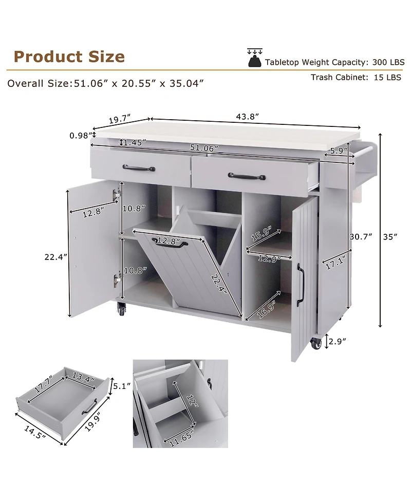 Clihome Mobile Kitchen Island Cart Foldable Top, Convertible to Fixed Cabinet with Trash & Storage