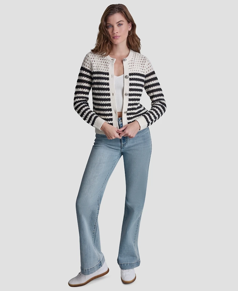 Dkny Jeans Petite Long-Sleeve Stripe Pointelle Stitch Cardigan