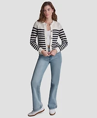 Dkny Jeans Petite Long-Sleeve Stripe Pointelle Stitch Cardigan