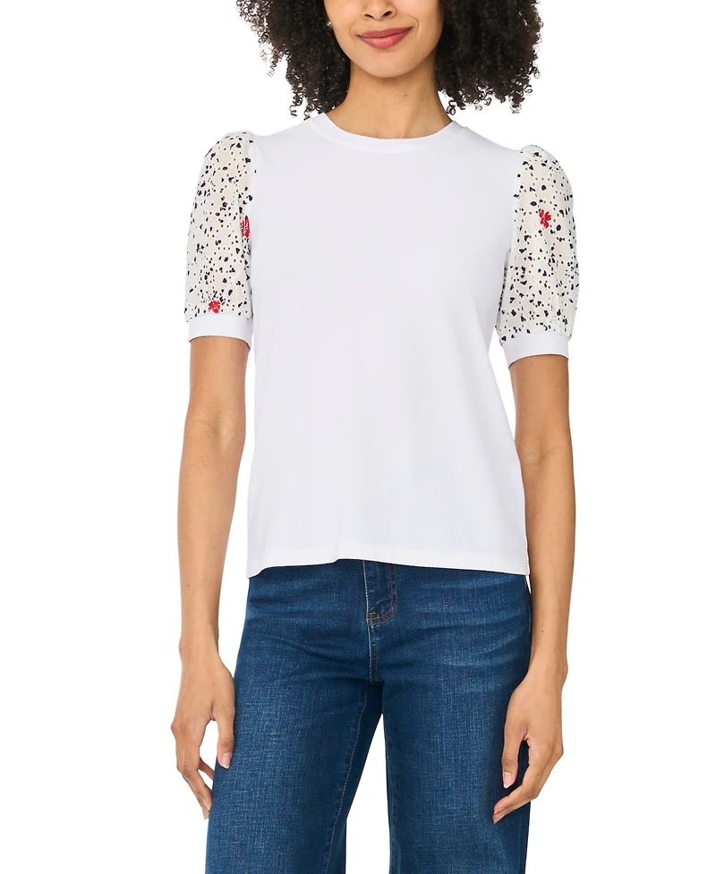 CeCe Women's Short-Sleeve Crewneck Mixed Media T-Shirt