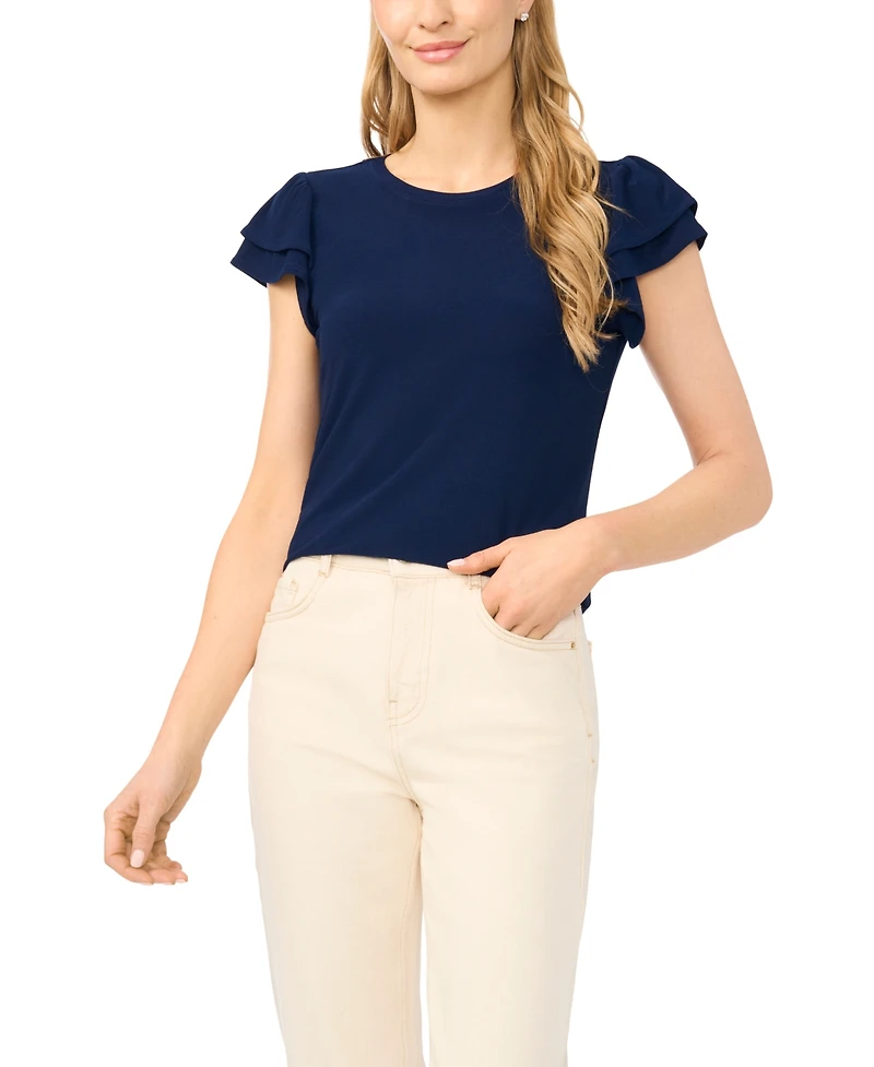 CeCe Women's Double Ruffle-Sleeve Crewneck Top