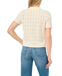CeCe Women's Pointelle Short-Sleeve Collared Sweater