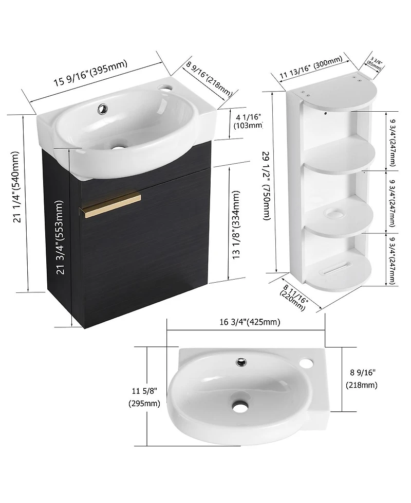 Sillysis 16.8 Inch Bathroom Vanity with 3-Tier Storage Rack and Ceramic Sink, Black Wall Mounted Modern Cabinet, Soft Close Door for Small Spaces