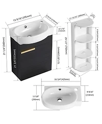 Sillysis 16.8 Inch Bathroom Vanity with 3-Tier Storage Rack and Ceramic Sink, Black Wall Mounted Modern Cabinet, Soft Close Door for Small Spaces