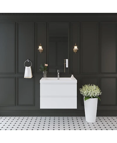 Sillysis Inch Glossy Wall Mounted Bathroom Vanity with Resin Sink and Soft Close Drawers, Easy Installation