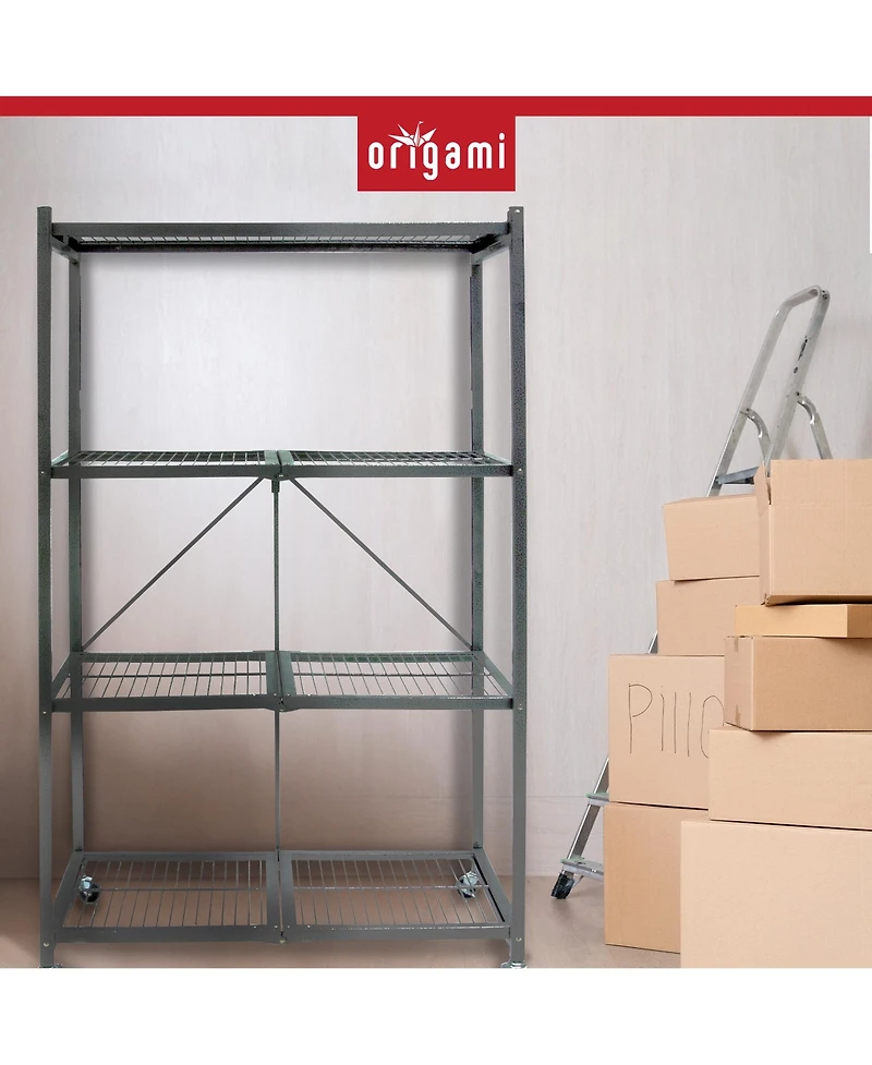 Origami 4 Tier Multipurpose Folding Storage Organizing Rack with Wheels (2 Pack)