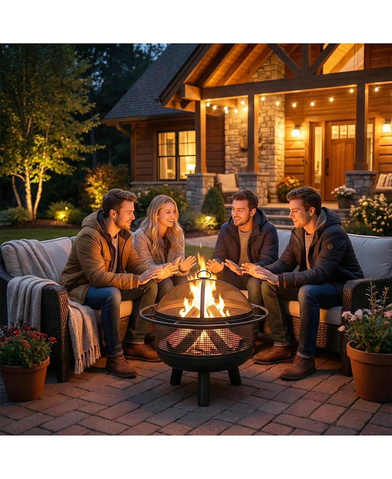 Slickblue Wood Fire Pit for Outdoor Use with Log Grate and Protective Mesh Screen