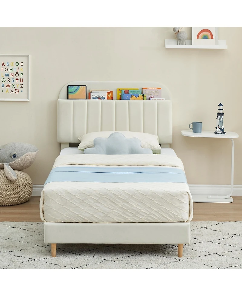 homfan Upholstered Bed Frame with Bookcase Headboard, Storage Cubbies and Wooden Slats Support
