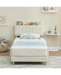 homfan Upholstered Bed Frame with Bookcase Headboard, Storage Cubbies and Wooden Slats Support