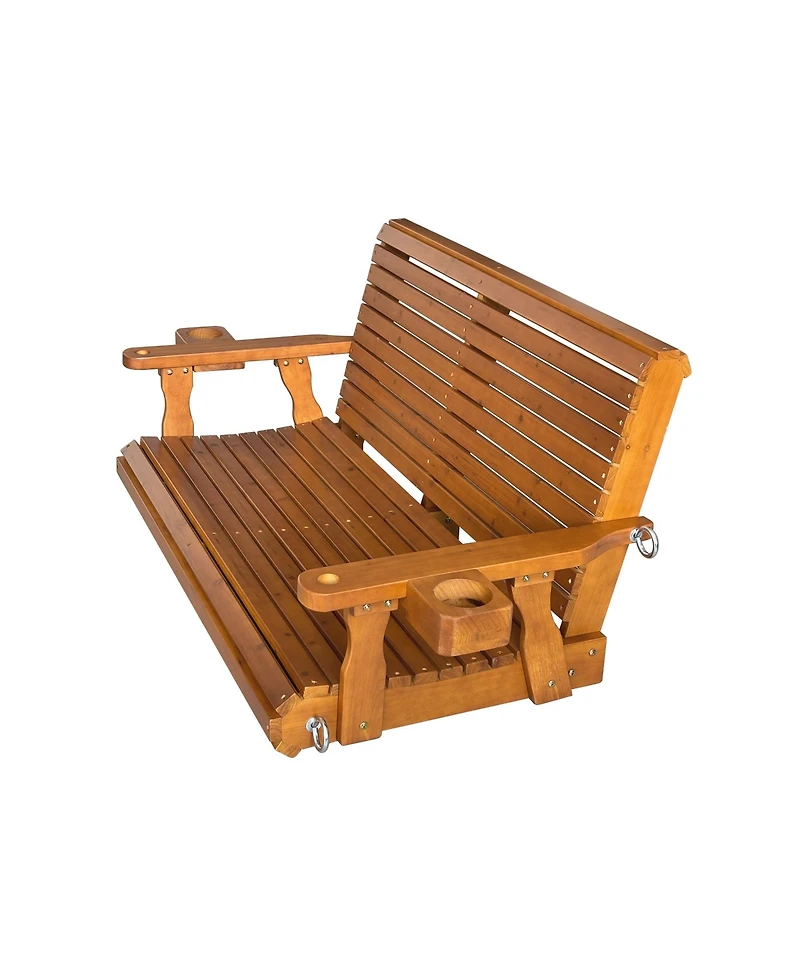 Wooden Porch Swing 2-Seater, Bench with Cupholders, Hanging Chains and 7mm Springs, Heavy Duty 800 Lbs, for Outdoor Patio Garden Yard, 4 ft