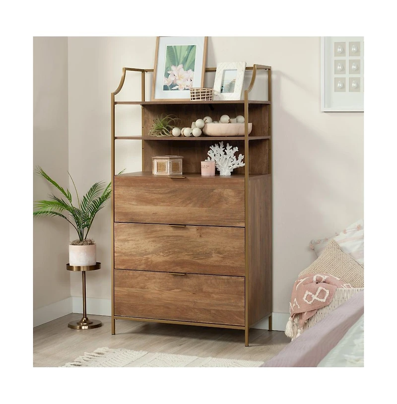 Sauder Bedroom 3- Drawer Dresser with Shelves, Sindoori Mango Finish