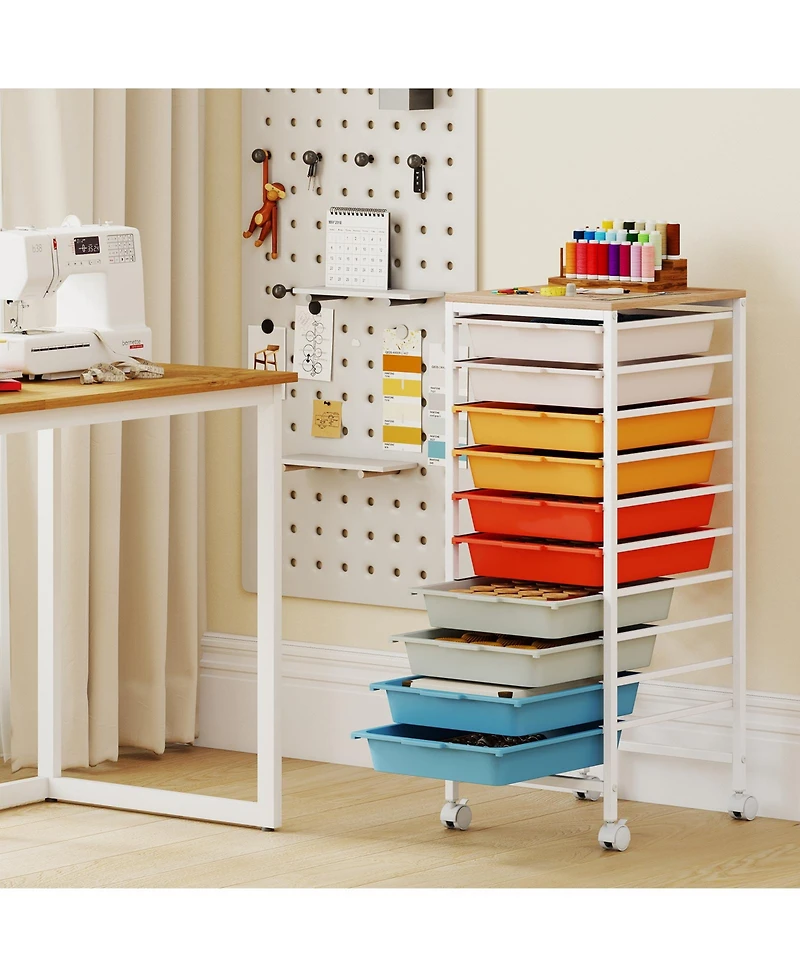 Slickblue Mobile Utility Cart with 10 Drawers, Wooden Tabletop and Locking Wheels Storage Organizer