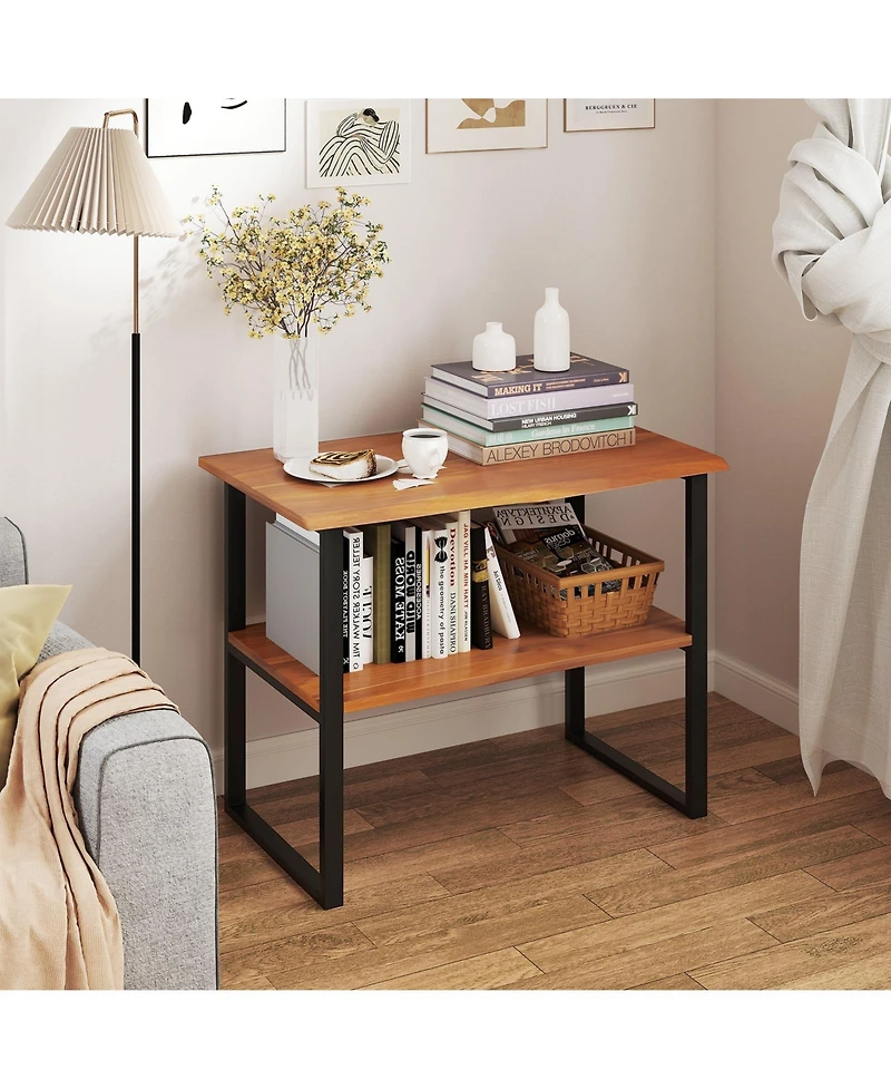 Slickblue Teak Wood Side Table 2 Tier End Table for Living Room Sofa Hallway Laundry