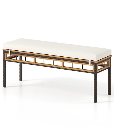 Sugift Wicker Patio Backless Dining Bench with Acacia Wood Seat