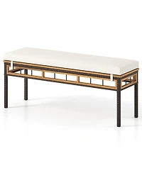 Sugift Wicker Patio Backless Dining Bench with Acacia Wood Seat