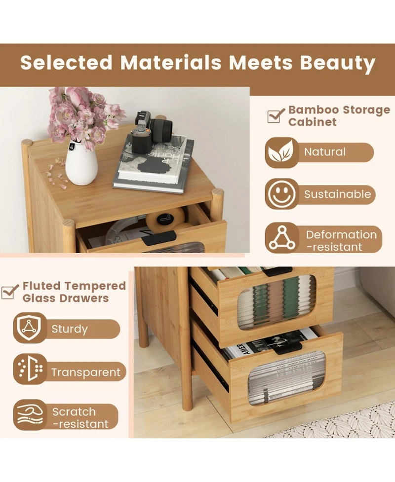 Gouun 4-Drawer Bamboo Storage Cabinet with Fluted Tempered Glass Drawers
