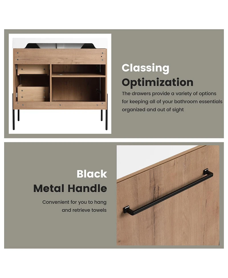 Sillysis Modern Bathroom Vanity with Resin Sink, Soft-Close Imitative Oak Plywood Cabinet