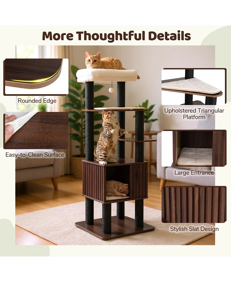 Gymax 64'' Tall Cat Tree for Indoor Cat Wooden Cat Tower Top Perch With Soft Padding Large Fence Style Cat Condo