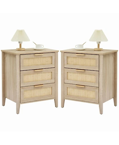 homfan Bohemian Rattan Coffee Table Set of 2 with 3 Spacious Drawers, Stable Structure Modern Storage Table for Living Room and Bedroom