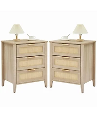 homfan Bohemian Rattan Coffee Table Set of 2 with 3 Spacious Drawers, Stable Structure Modern Storage Table for Living Room and Bedroom