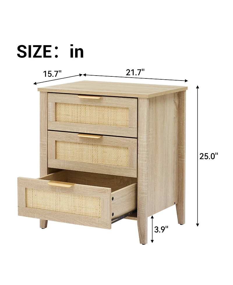 homfan Farmhouse Rattan Bedside Table with 3 Drawers, Modern Storage End Table and Dresser for Bedroom, Living Room and Entryway