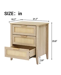 homfan Farmhouse Rattan Bedside Table with 3 Drawers, Modern Storage End Table and Dresser for Bedroom, Living Room and Entryway