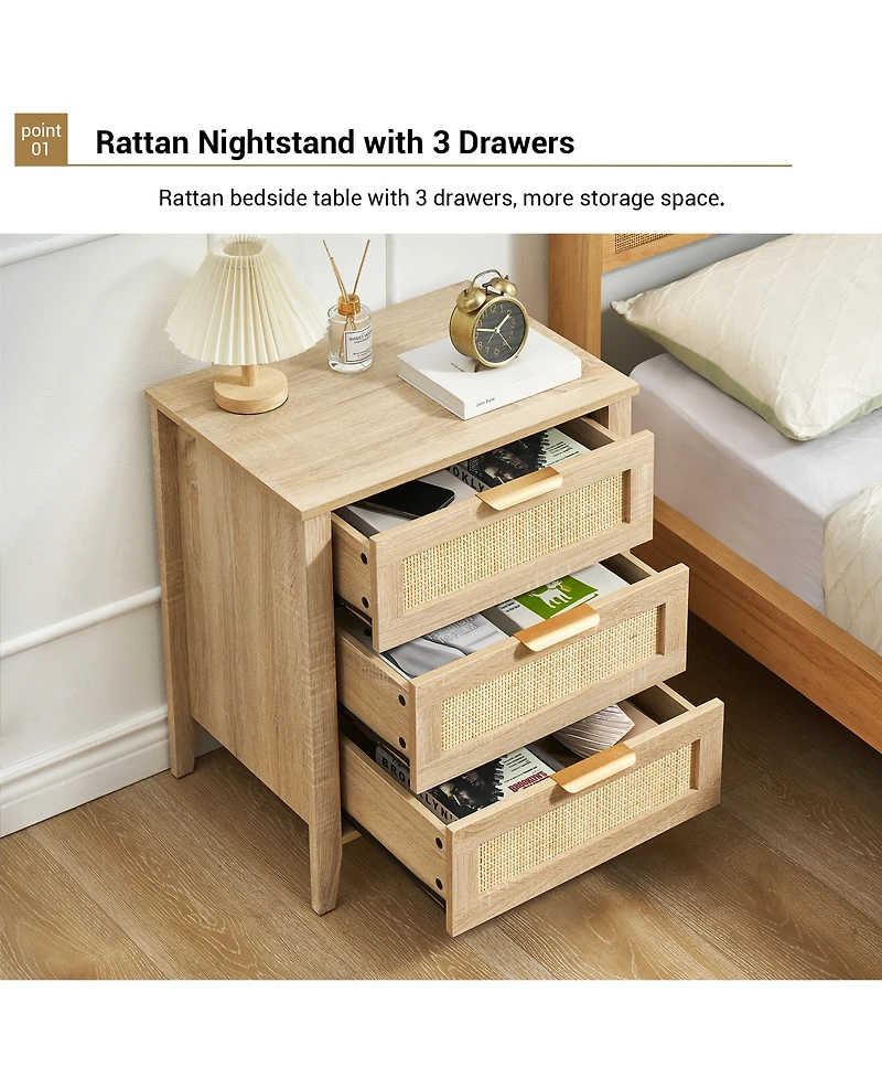 homfan Farmhouse Rattan Bedside Table with 3 Drawers, Modern Storage End Table and Dresser for Bedroom, Living Room and Entryway