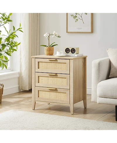 homfan Farmhouse Rattan Bedside Table with 3 Drawers, Modern Storage End Table and Dresser for Bedroom, Living Room and Entryway