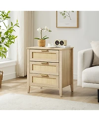 homfan Farmhouse Rattan Bedside Table with 3 Drawers, Modern Storage End Table and Dresser for Bedroom, Living Room and Entryway