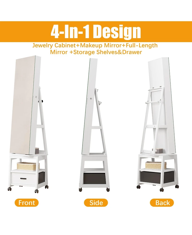 homfan Standing Jewelry Armoire with Full-Length Mirror, Rotating Base, Lockable Storage and Suede Lining