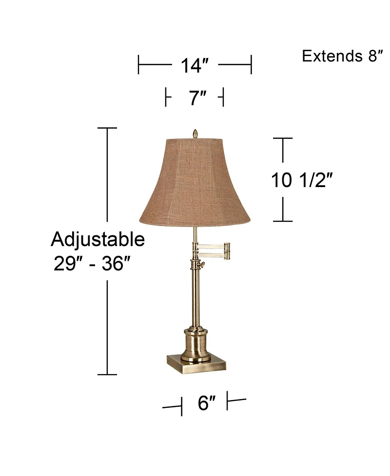 360 Lighting Traditional Swing Arm Desk Table Lamp Adjustable Height 36" Tall Antique Brass Burlap Bell Shade Living Room Bedroom