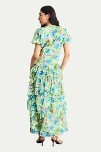Warehouse Women's Waist Puff Sleeve Tiered Midi Dress