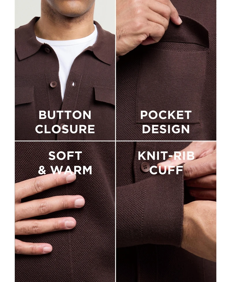 Spring + Mercer Men's Plus Long Sleeve Sweater With Full Buttoned Two Patch Pockets