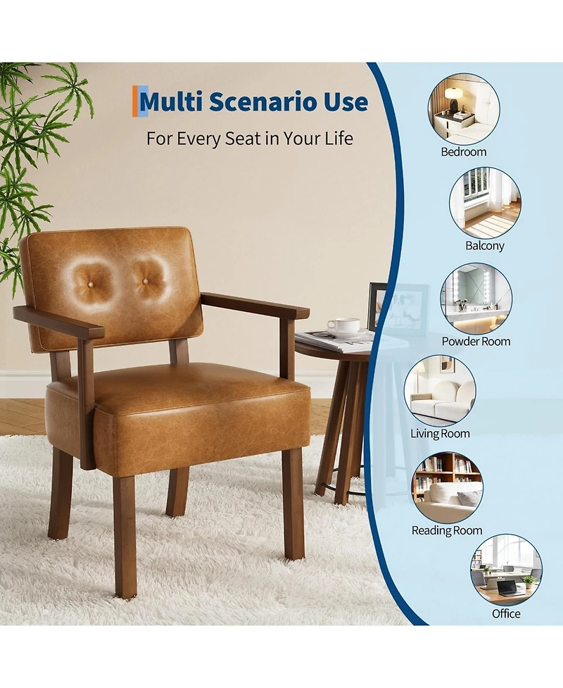 gaomon Mid-Century Accent Chair with Wood Frame,Pu Leather Upholstered Lounge Arm Chair,Reading Leisure Chair with Classic Button Tufting