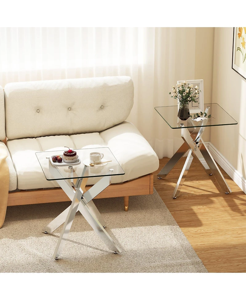 Slickblue Modern Square End Table with Tempered Glass Top and Metal X Frame Base-Silver