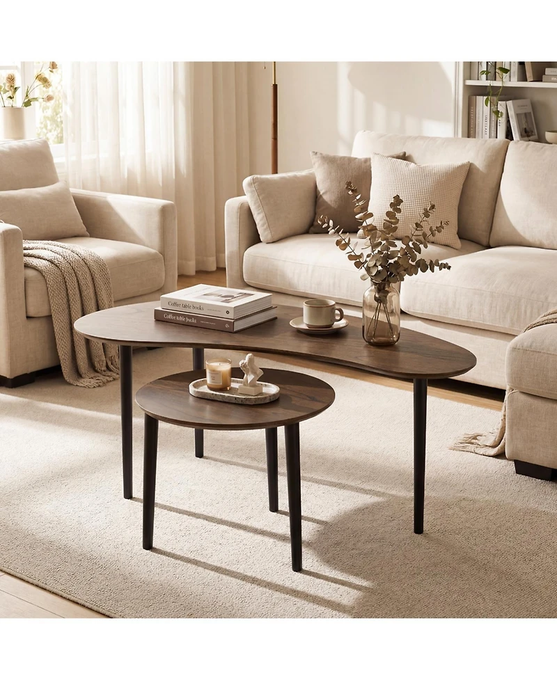 Slickblue Modern Nesting Tables Set of 2 with Rubber Wood Legs, Mid Century Design-Walnut