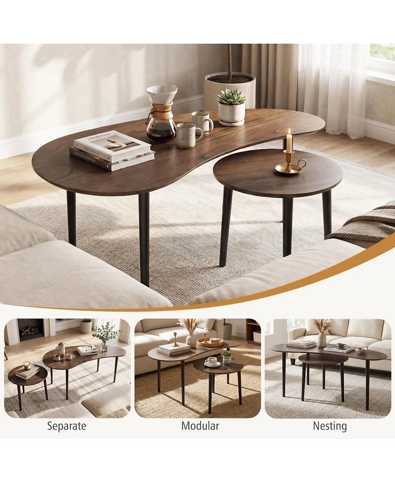 Slickblue Modern Nesting Tables Set of 2 with Rubber Wood Legs, Mid Century Design-Walnut