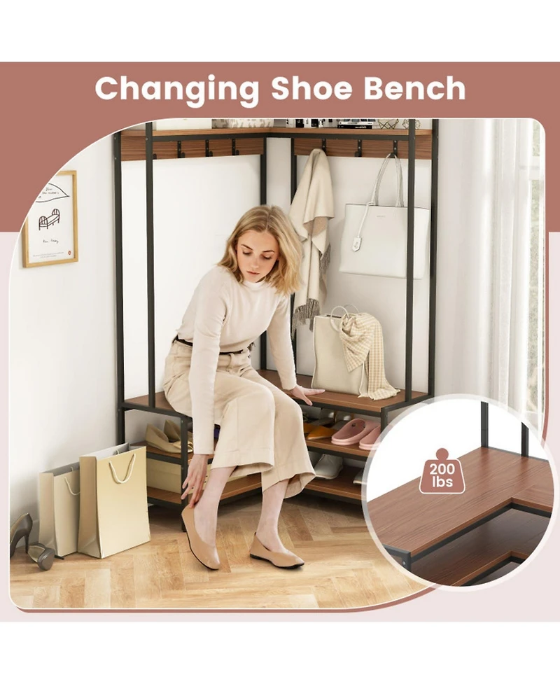 Gouun L-Shaped Corner Hall Tree with 7 Hooks, Shelves and Shoe Bench