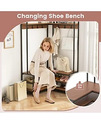 Gouun L-Shaped Corner Hall Tree with 7 Hooks, Shelves and Shoe Bench