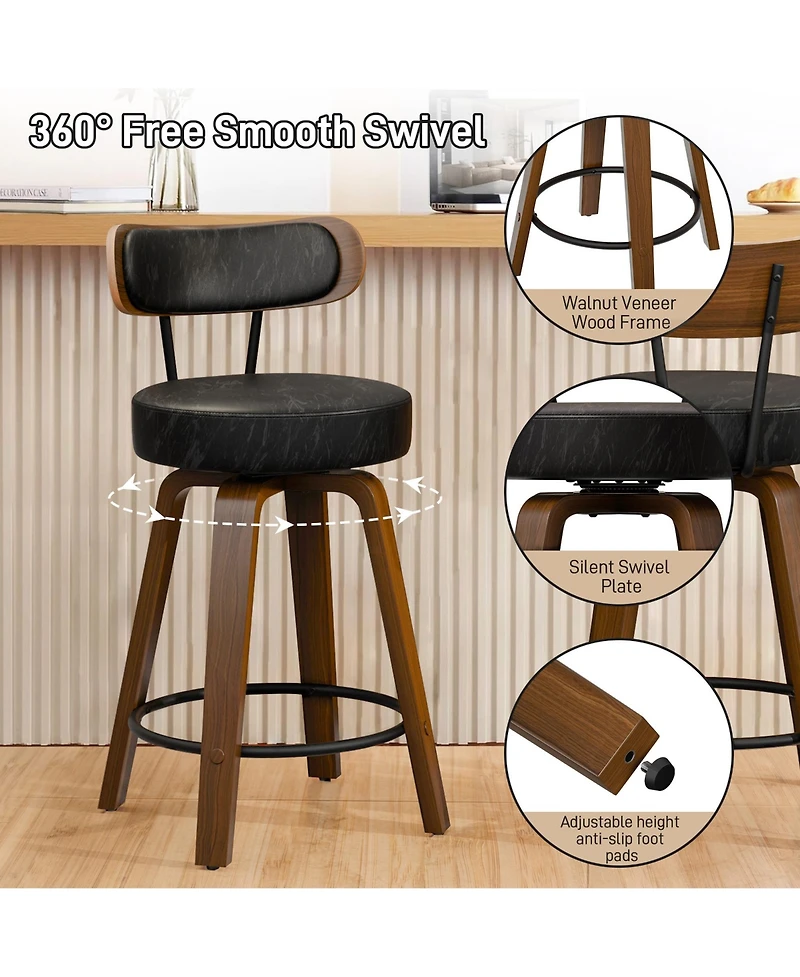 Dyhome 24 inches Bar Stools Set of 2, Counter Height with Leather Pad Wood Back, Upholstered Barstools for Kitchen Island, Cafe
