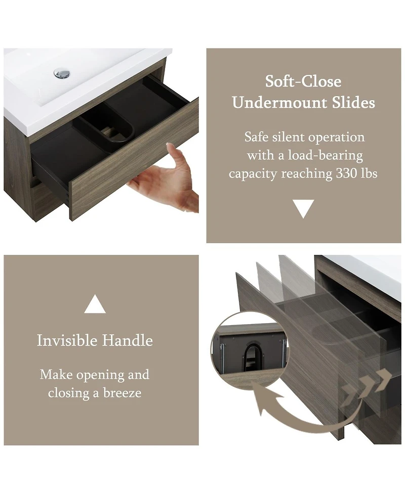 Sillysis Wall Mounted Bathroom Vanity with Resin Sink, Soft Close Drawers, Modern Storage Cabinet, Easy Installation