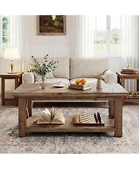 Tribesigns Solid Wood Coffee Table with X-Frame Side, 2-Tier Farmhouse Rectangular Center Table for Living Room, Accent Cocktail Tea Table