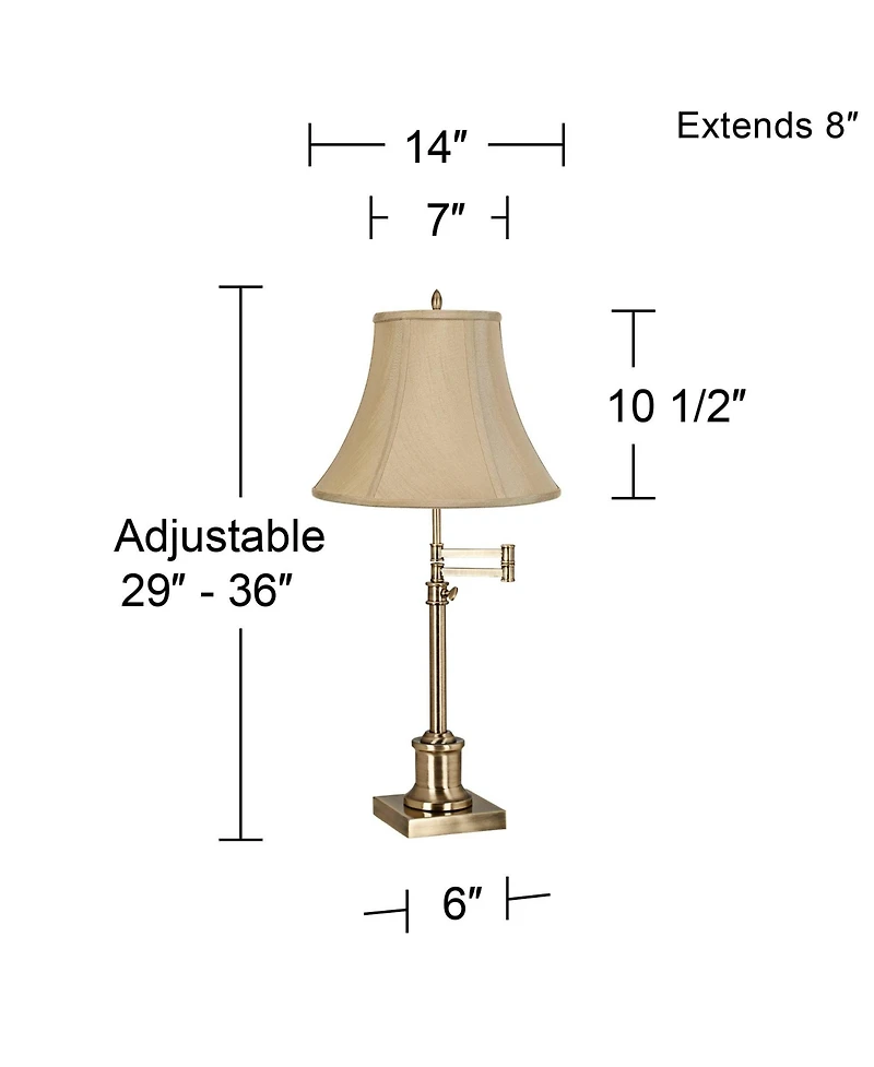 360 Lighting Traditional Swing Arm Desk Table Lamp Adjustable Height 36" Tall Antique Brass Imperial Bell Shade Living Room Bedroom