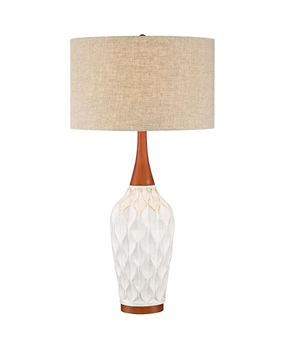 360 Lighting Mid Century Modern Table Lamp with Usb Charging Port 30" Tall Ceramic Fabric Drum Shade for Living Room