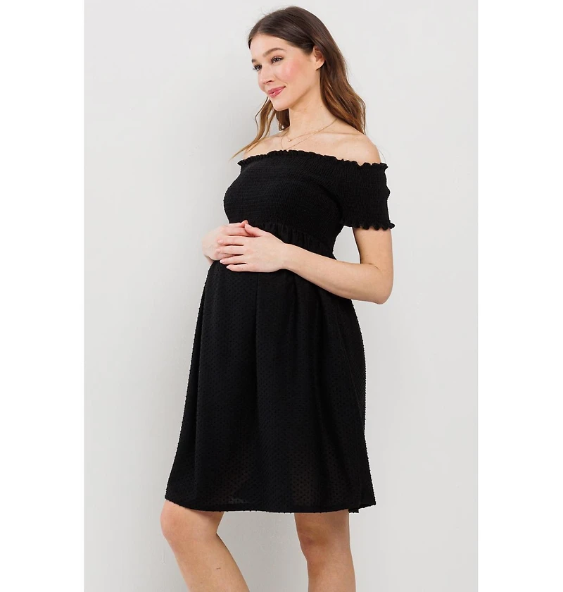Hello Miz Maternity Off-the-Shoulder Smocked Swiss Dot Dress with Pockets