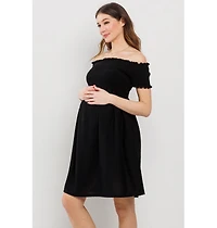 Hello Miz Maternity Off-the-Shoulder Smocked Swiss Dot Dress with Pockets