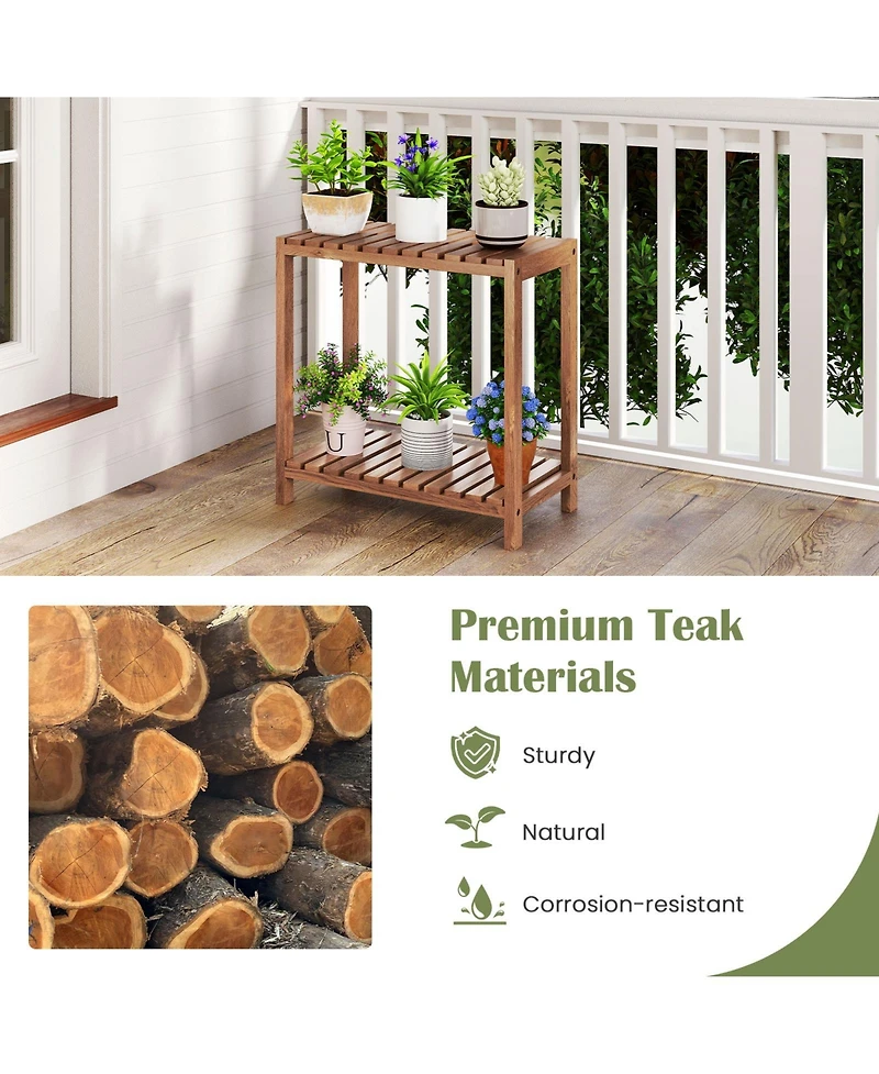Gymax 2 pieces 2-Tier Side Table Teak Wood Stand Utility Storage Shelf Entryway Bench