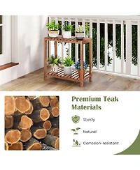 Gymax 2 pieces 2-Tier Side Table Teak Wood Stand Utility Storage Shelf Entryway Bench