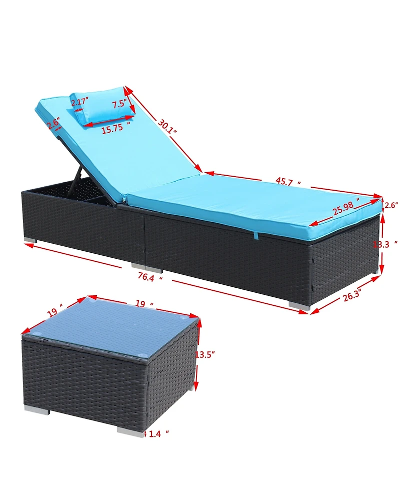 Clihome 3-Piece Outdoor Patio Furniture Set - 2 Adjustable Rattan Chaise Lounges with Cushions and Tempered Glass Coffee Table, Blue