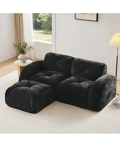Maison Boucle 80.3'' Velvet Boneless L-Shaped Sofa, 2 Seater + Ottoman, No Assembly